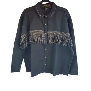 Women with Control Women's Black My Wonder Denim Fringe Jacket Size Large